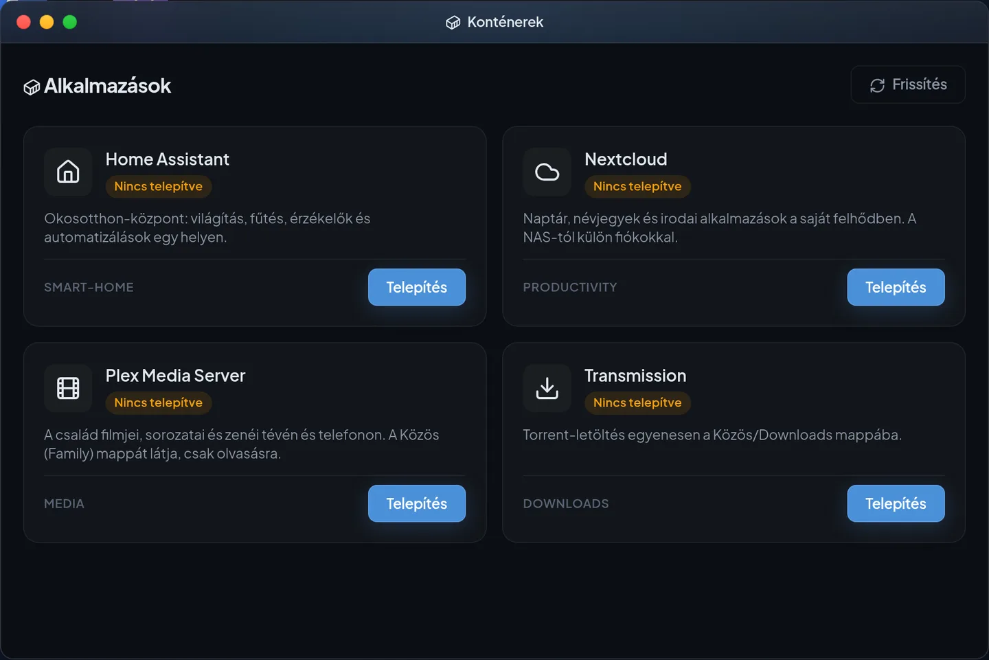 Az Alkalmazások ablak: Plex, Transmission, Nextcloud, Home Assistant