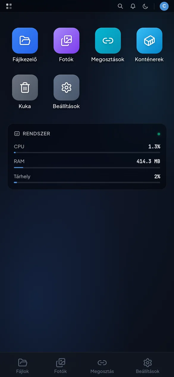 Az AIKA NAS kezdőképernyője telefonon